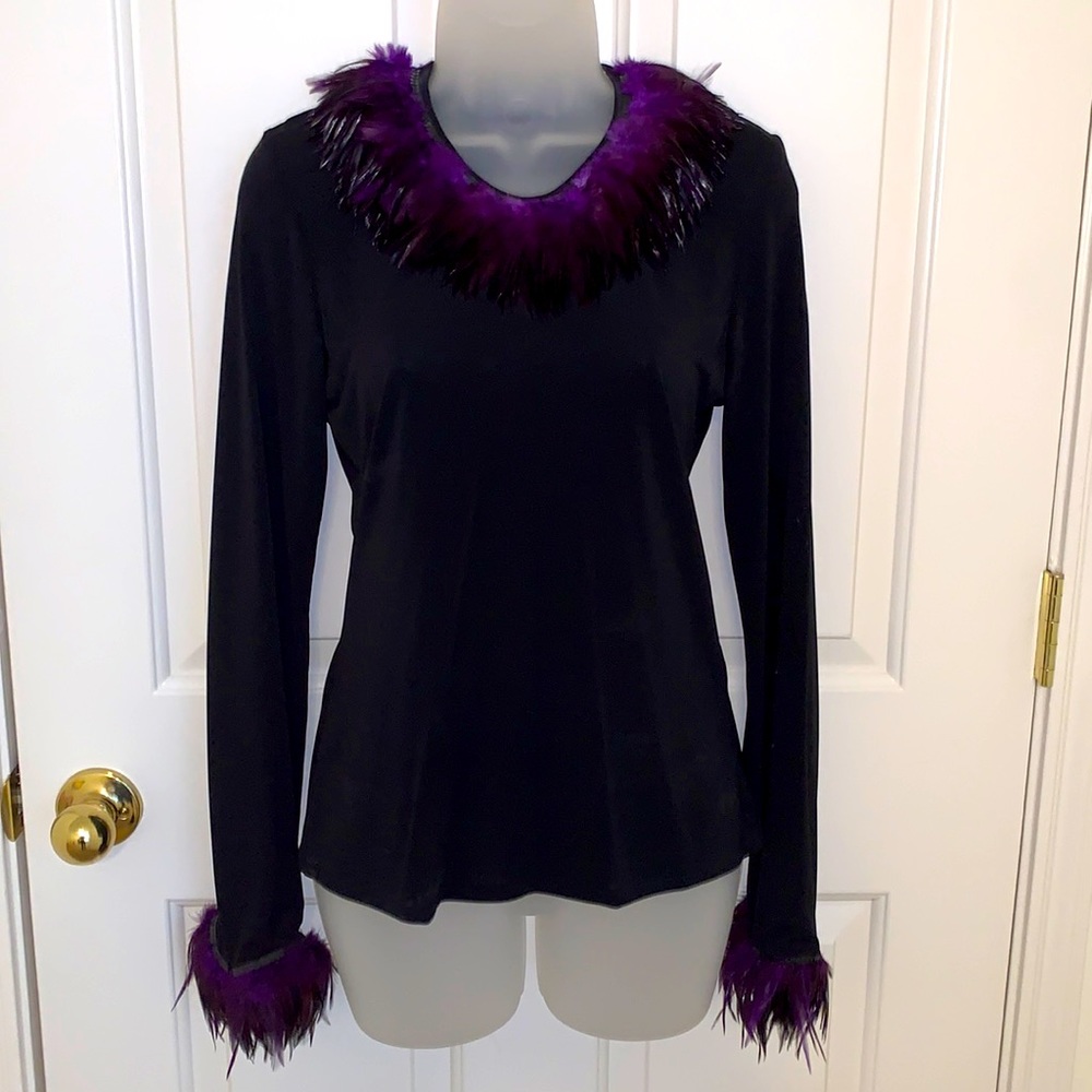 Preloved black blouse with feathers by Jeff Galloway Made in Paris.Size T2- 40/M